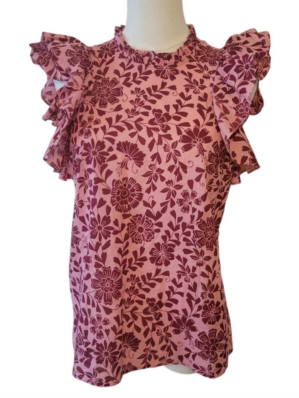 Banjanan Pink Floral Indian Cotton Ruffled Blouse Top Size Medium
